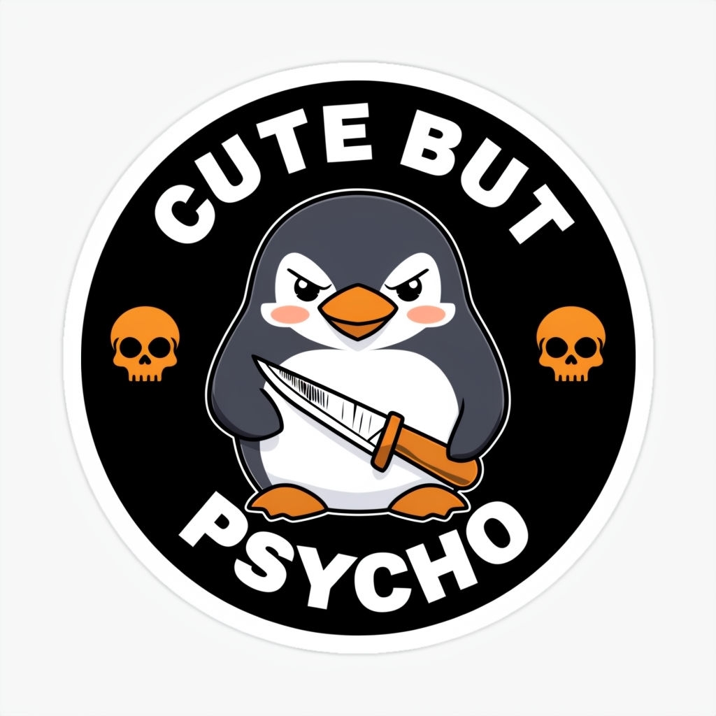 Cute But Psycho Cartoon Penguin with Knife Sticker