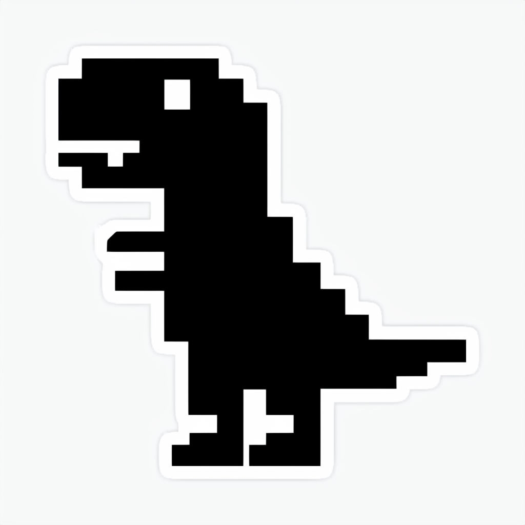 Pixelated Black Dinosaur 8-Bit Sticker Design on White Background