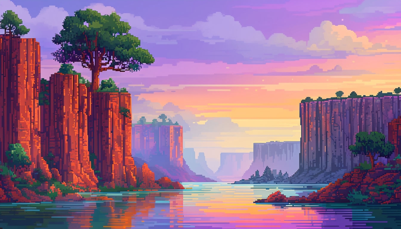 Pixelated Serene Canyon Landscape at Sunset Virtual Background
