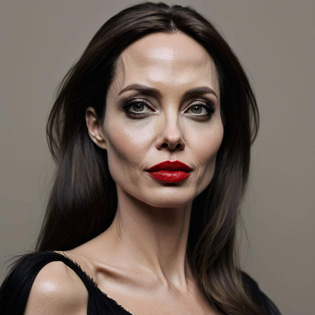 Prompt: 
personagem igual malévola feito pela atriz angelina jolie,com mesmo figurino,chifre preto,batom vermelho na boca.