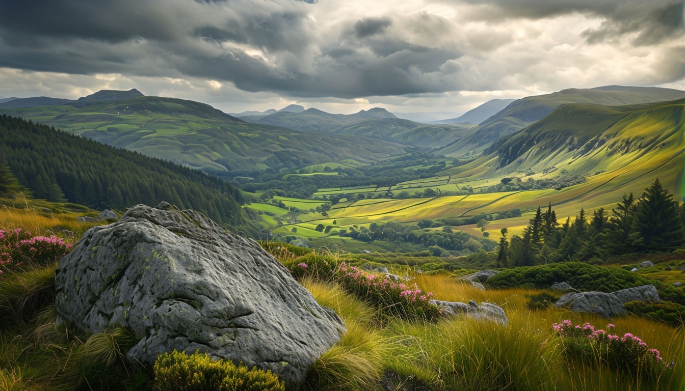 Lush Valley Landscape with Dramatic Overcast Sky Virtual Background