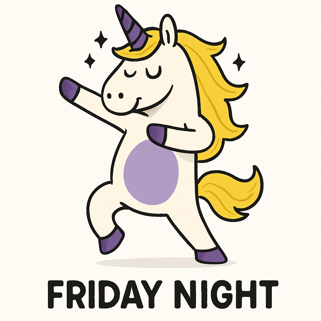 Playful Dancing Unicorn Illustration with Friday Night Text Sticker