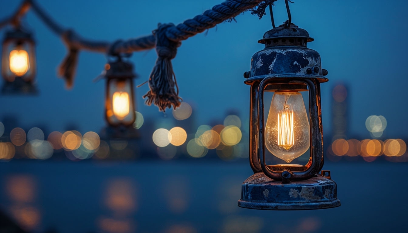 Cozy Vintage Lanterns Over Water Evening Background for Virtual Backgrounds