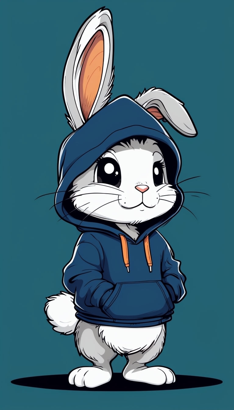 Playful Cartoon Bunny in Navy Hoodie on Dark Teal Background Mobile Wallpaper