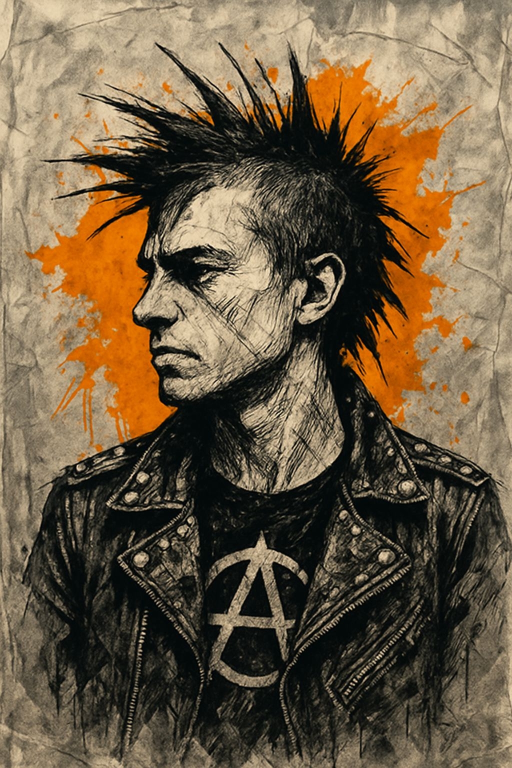 Rebellious Mohawk Portrait with Anarchist Symbol T-Shirt