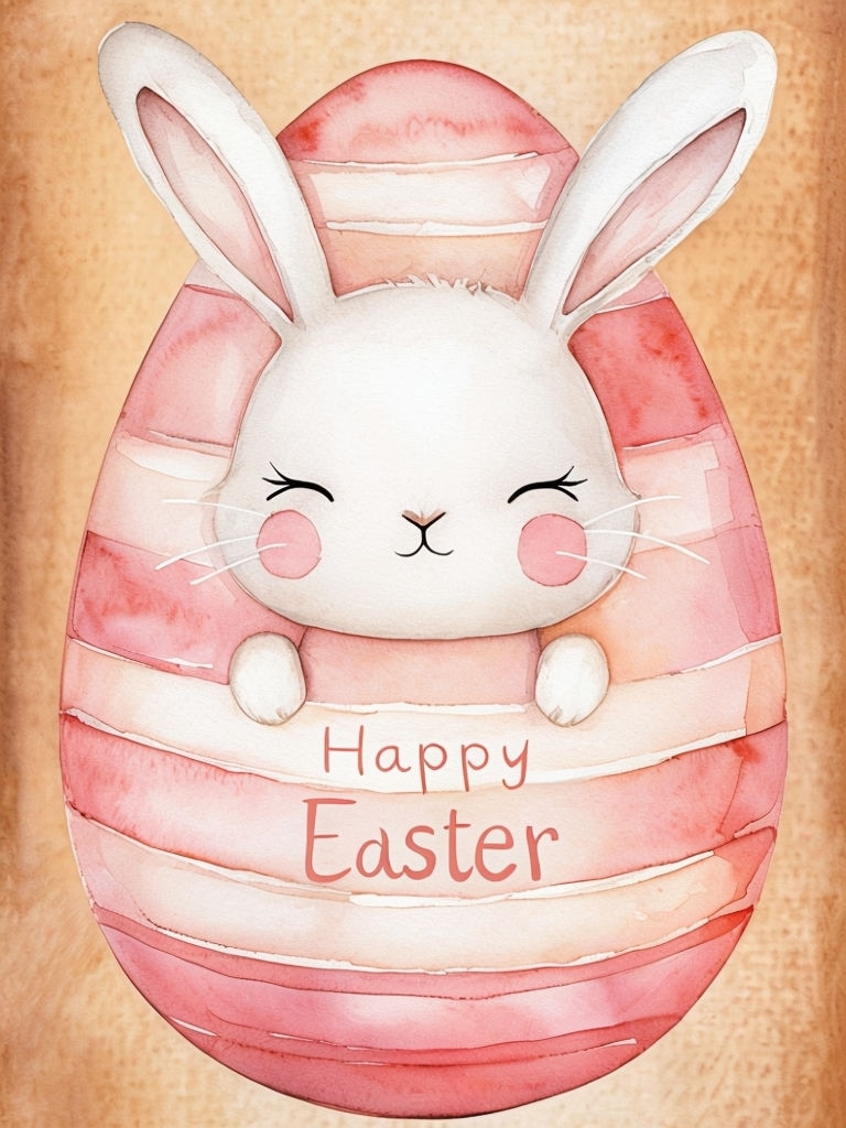 Cute Watercolor Bunny and Happy Easter Egg Card Design