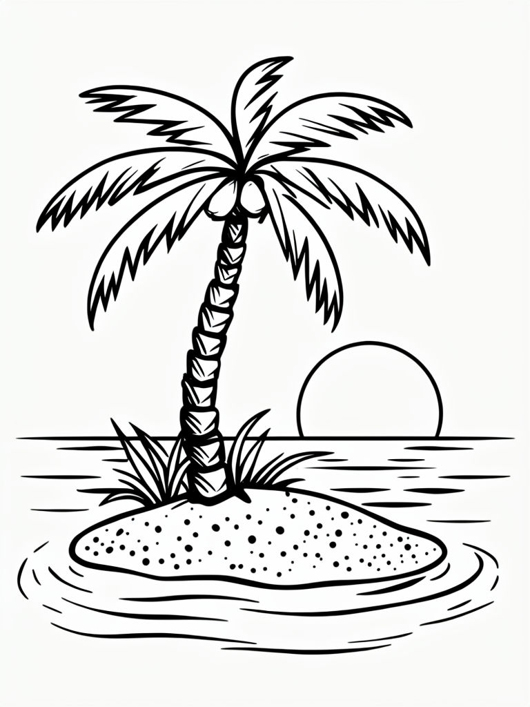 Tranquil Island Scene with Palm Tree Coloring Book Page