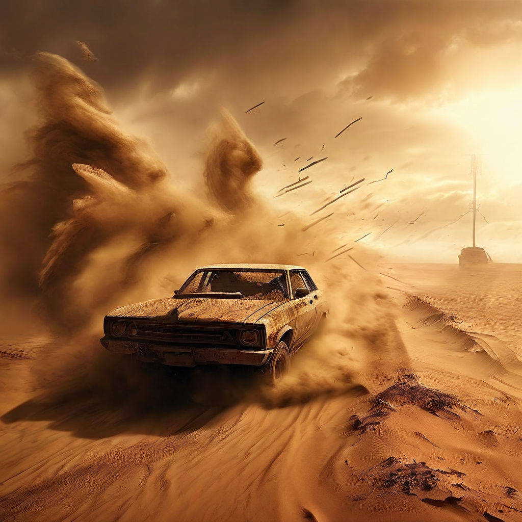 Graphical sketch of a road running into a sandstorm. car wre... by ...