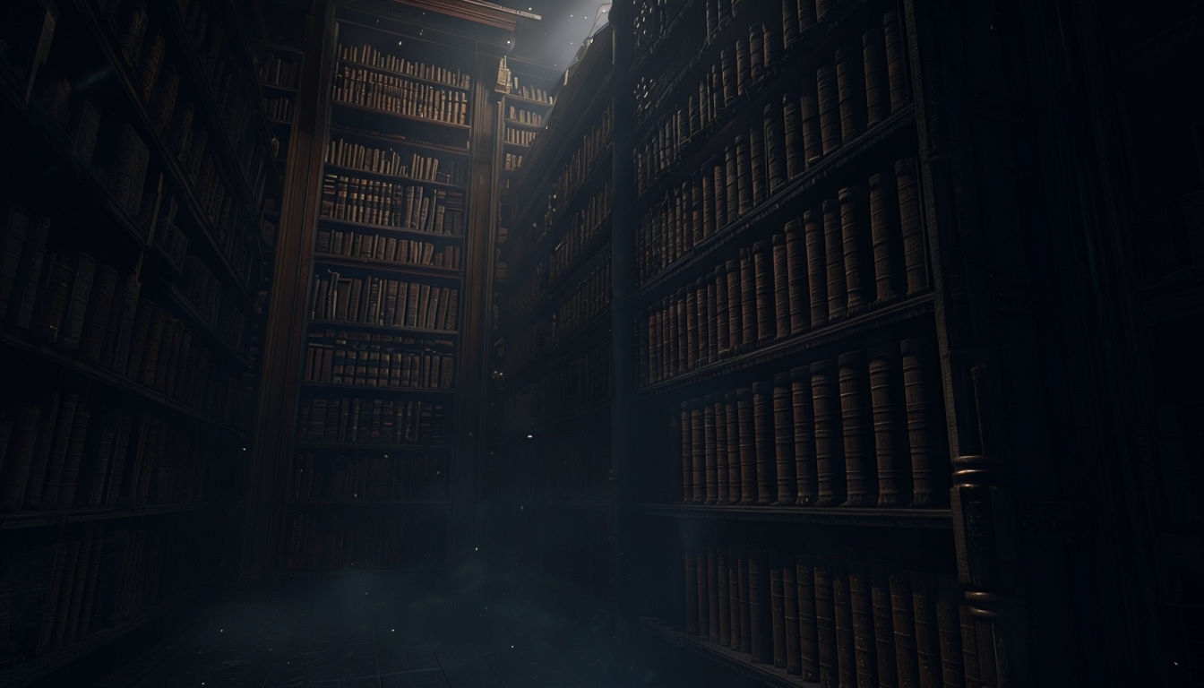 Mysterious Deserted Library with Dusty Wooden Bookshelves Virtual Background