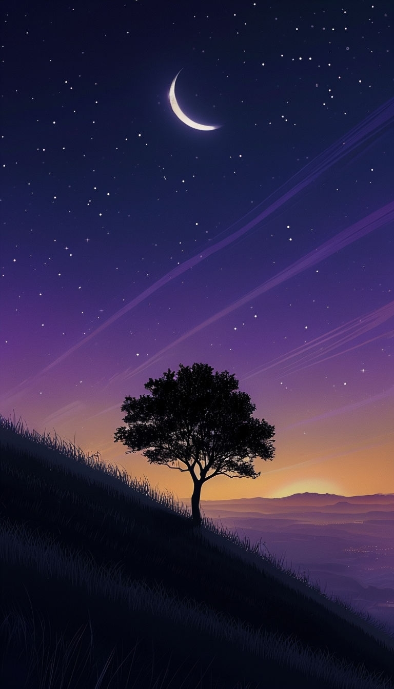 Serene Nighttime Landscape with Tree and Crescent Moon Mobile Wallpaper