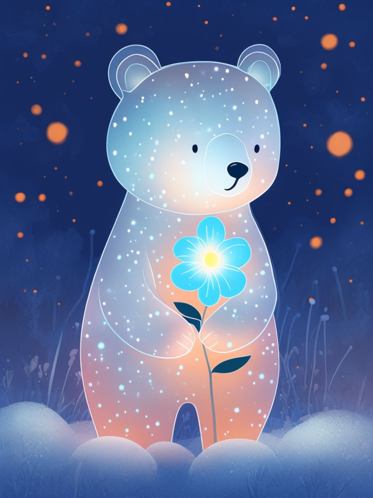 Glowing Whimsical Bear Holding Flower in Starry Night Illustration Art