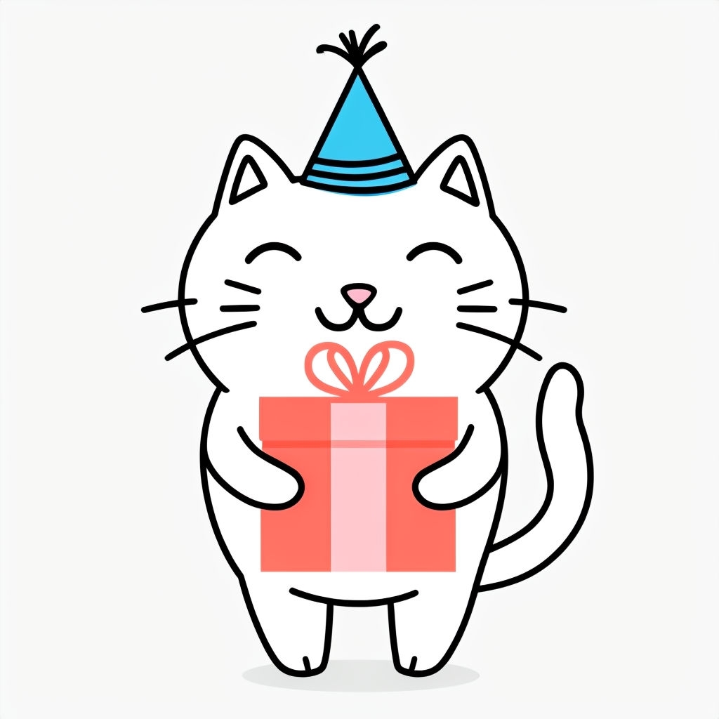 Cheerful Cartoon Cat with Gift Box and Party Hat Sticker