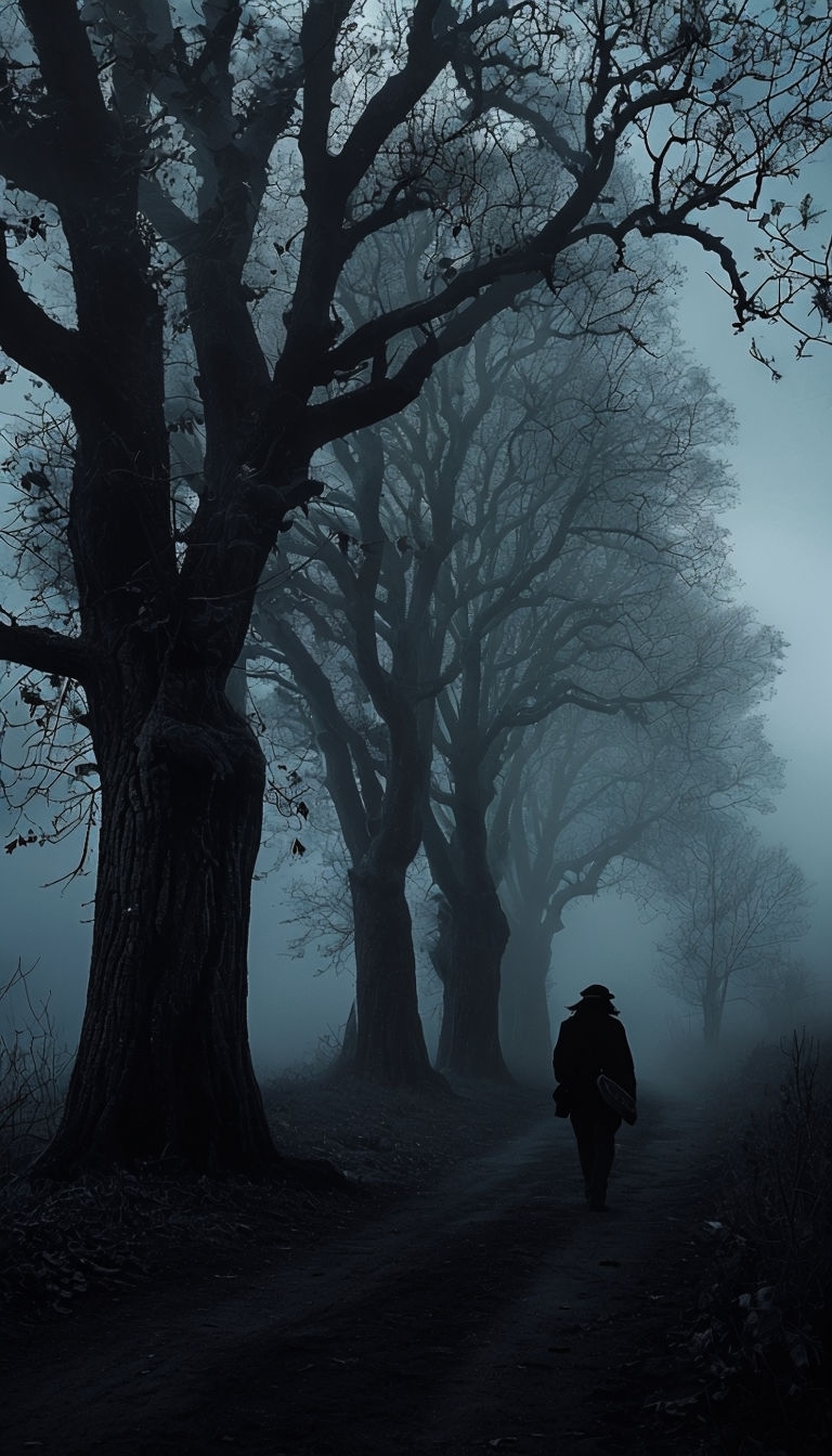 Eerie Forest Pathway with Solitary Figure Mobile Wallpaper