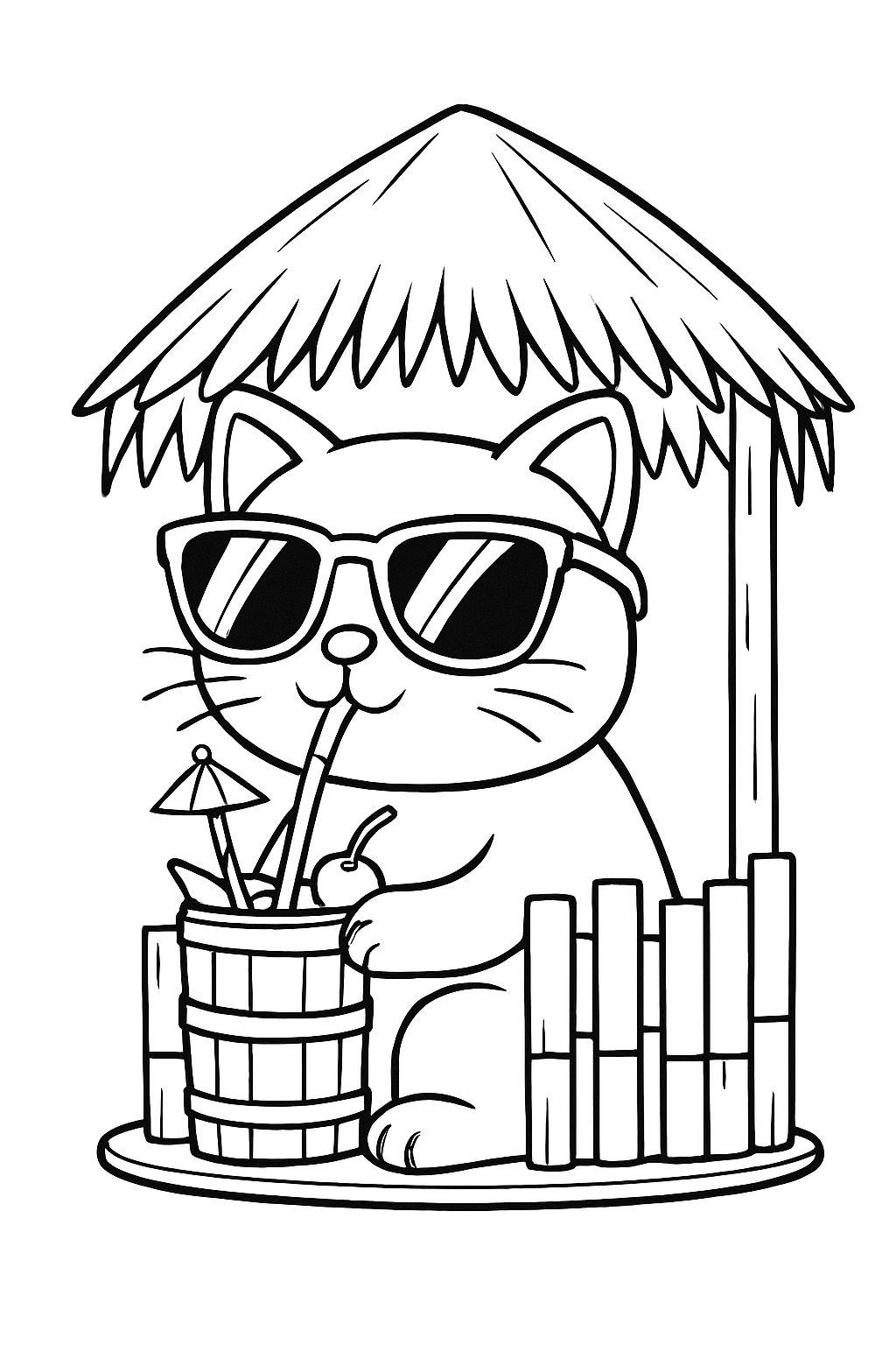 Cute Cartoon Cat with Sunglasses and Cocktail Coloring Page