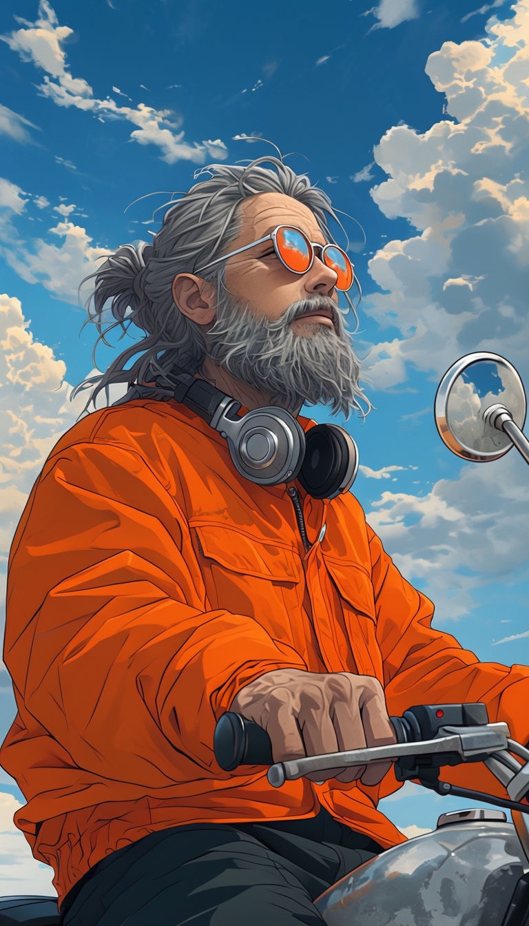 Serene Anime Character on Motorcycle with Vibrant Sky Art