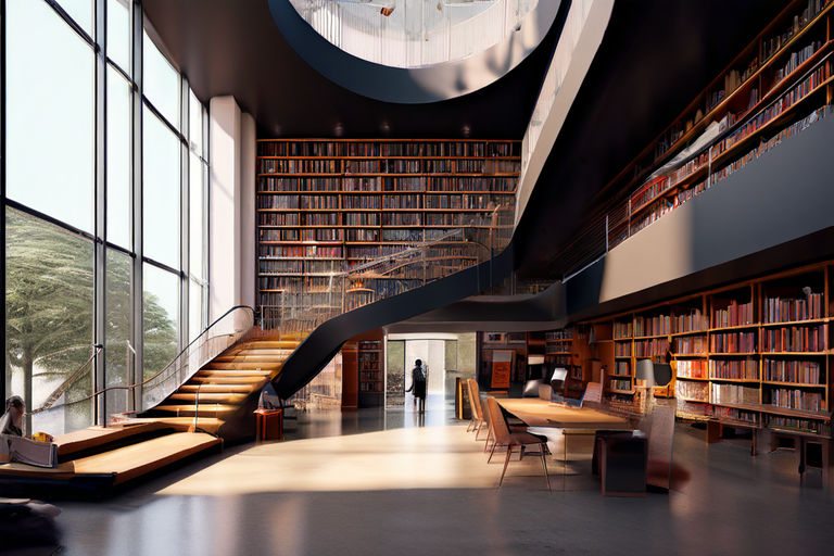 A double height library architecture college with ramp by DD H - Playground