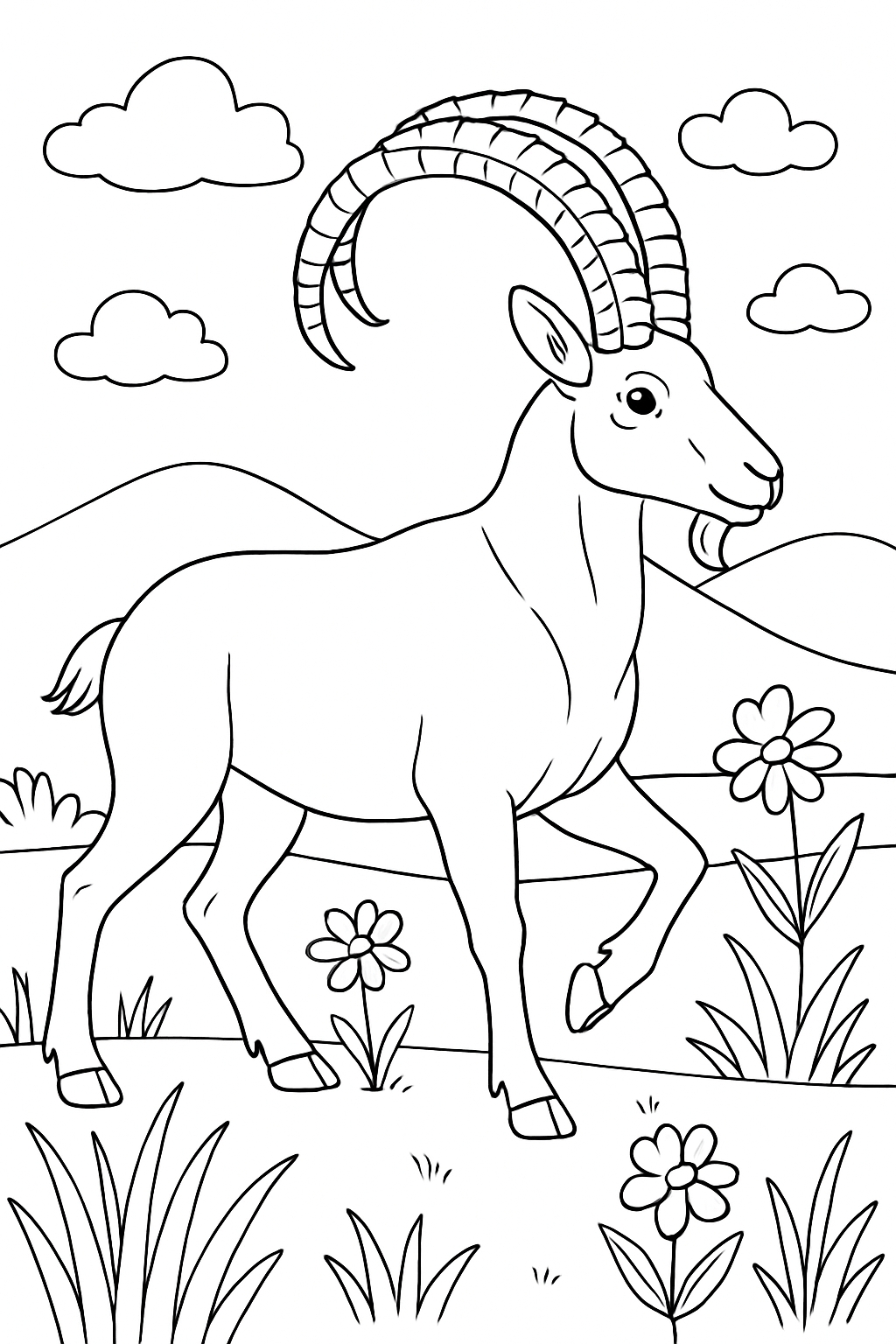 black-and-white line art illustration of ibex