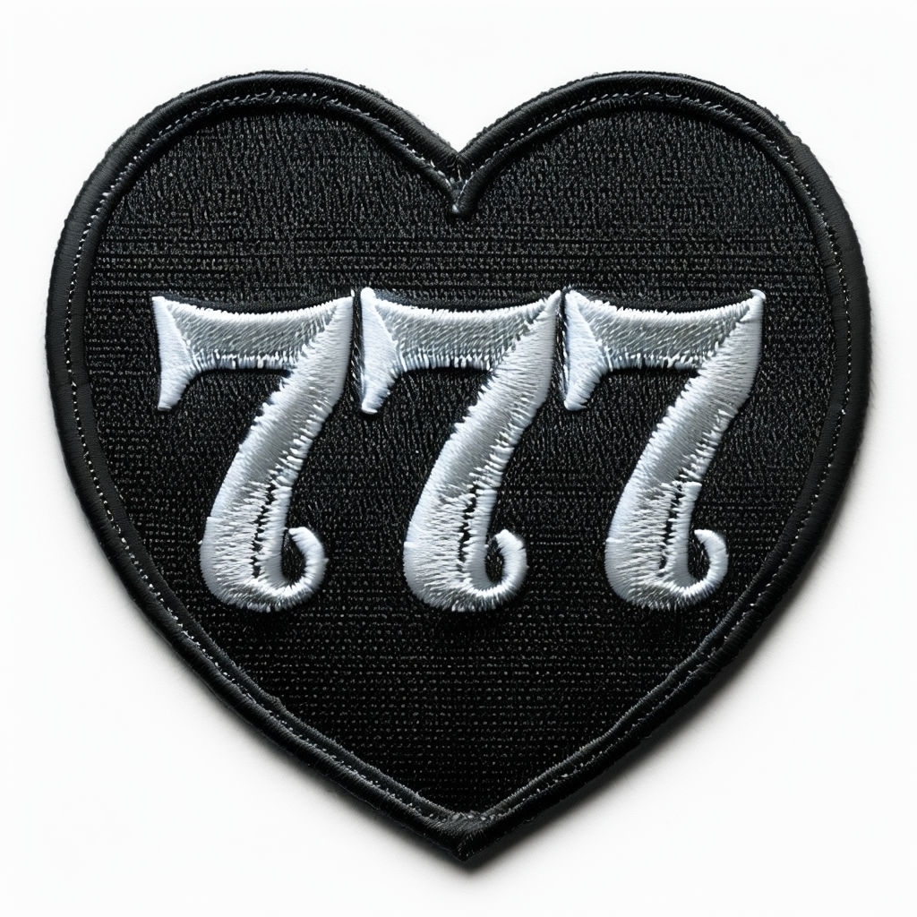 Heart-Shaped Black Fabric Patch with Embroidered 777 Design Hat