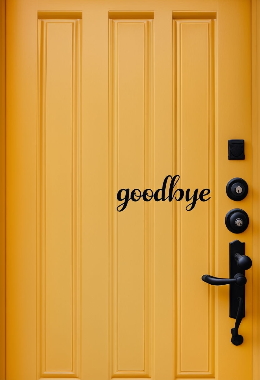 Vibrant Yellow Front Door with Goodbye Sticker Photography Social Media Post