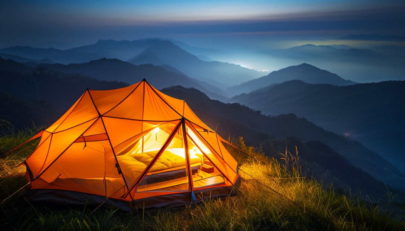 Serene Camping Scene at Dusk with Orange Tent Virtual Background