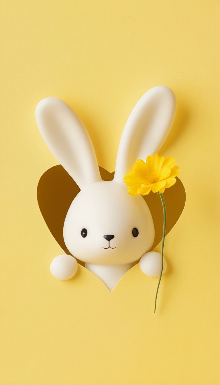 Adorable White Bunny Toy with Heart Cutout Illustration Mobile Wallpaper