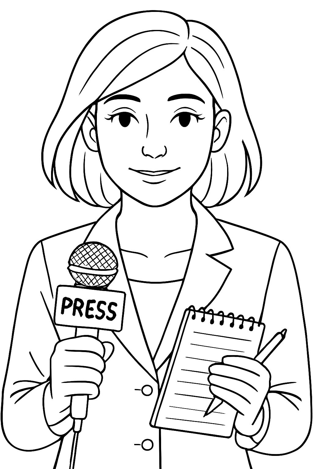 Female News Reporter Line Art Illustration for Coloring Book Pages