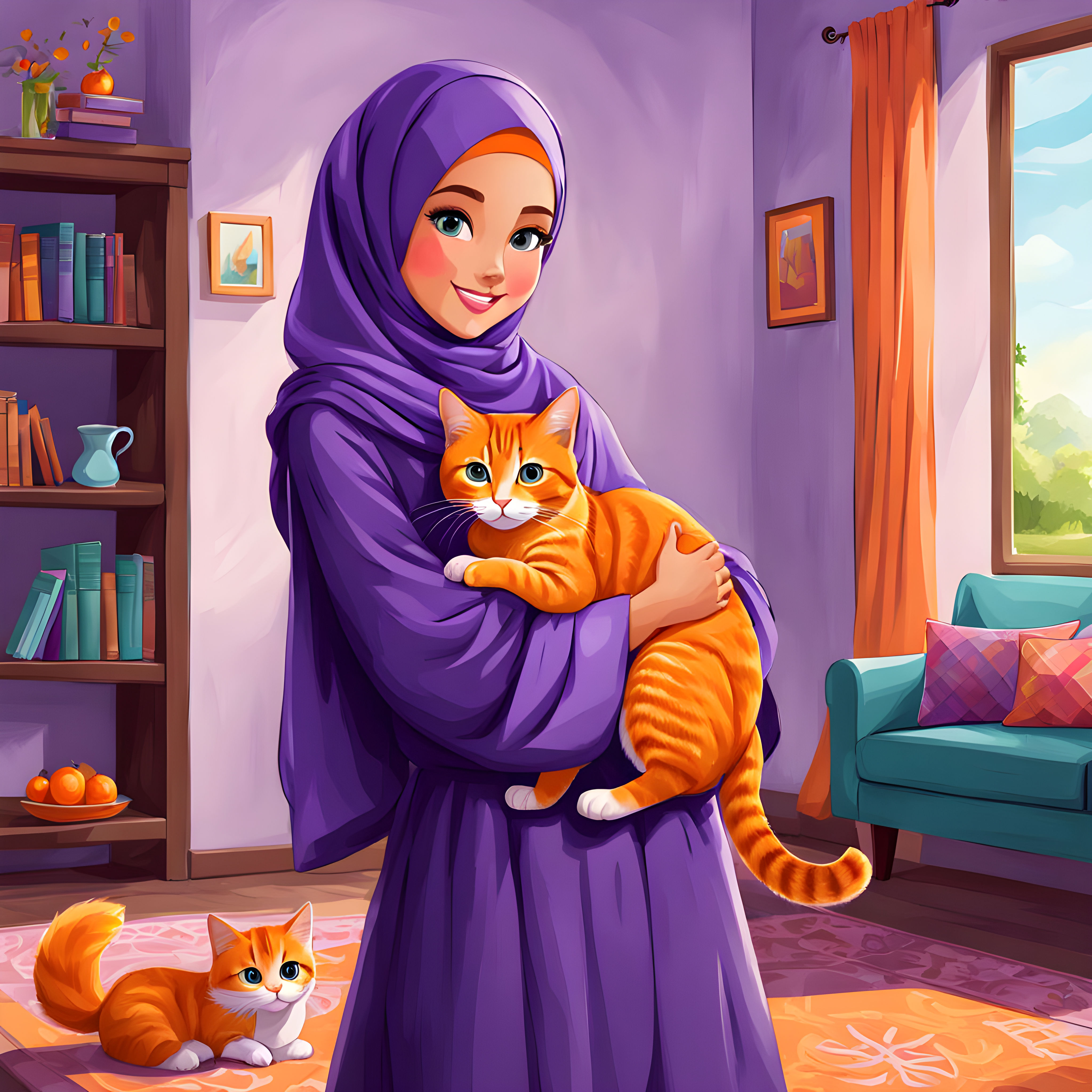 A digital painting of a girl holding a orange cat. full body... by ...