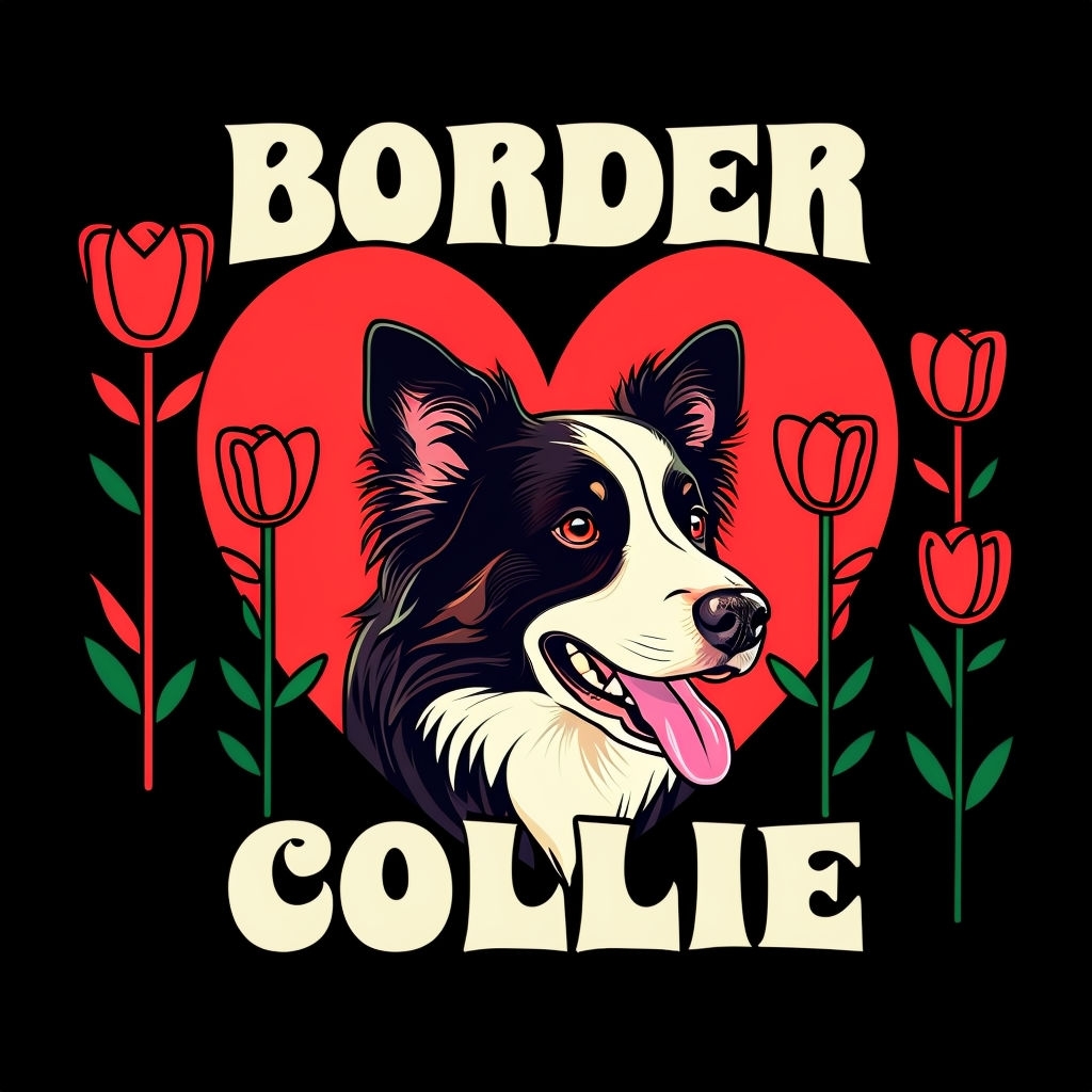 Playful Border Collie Surrounded by Hearts and Tulips Poster