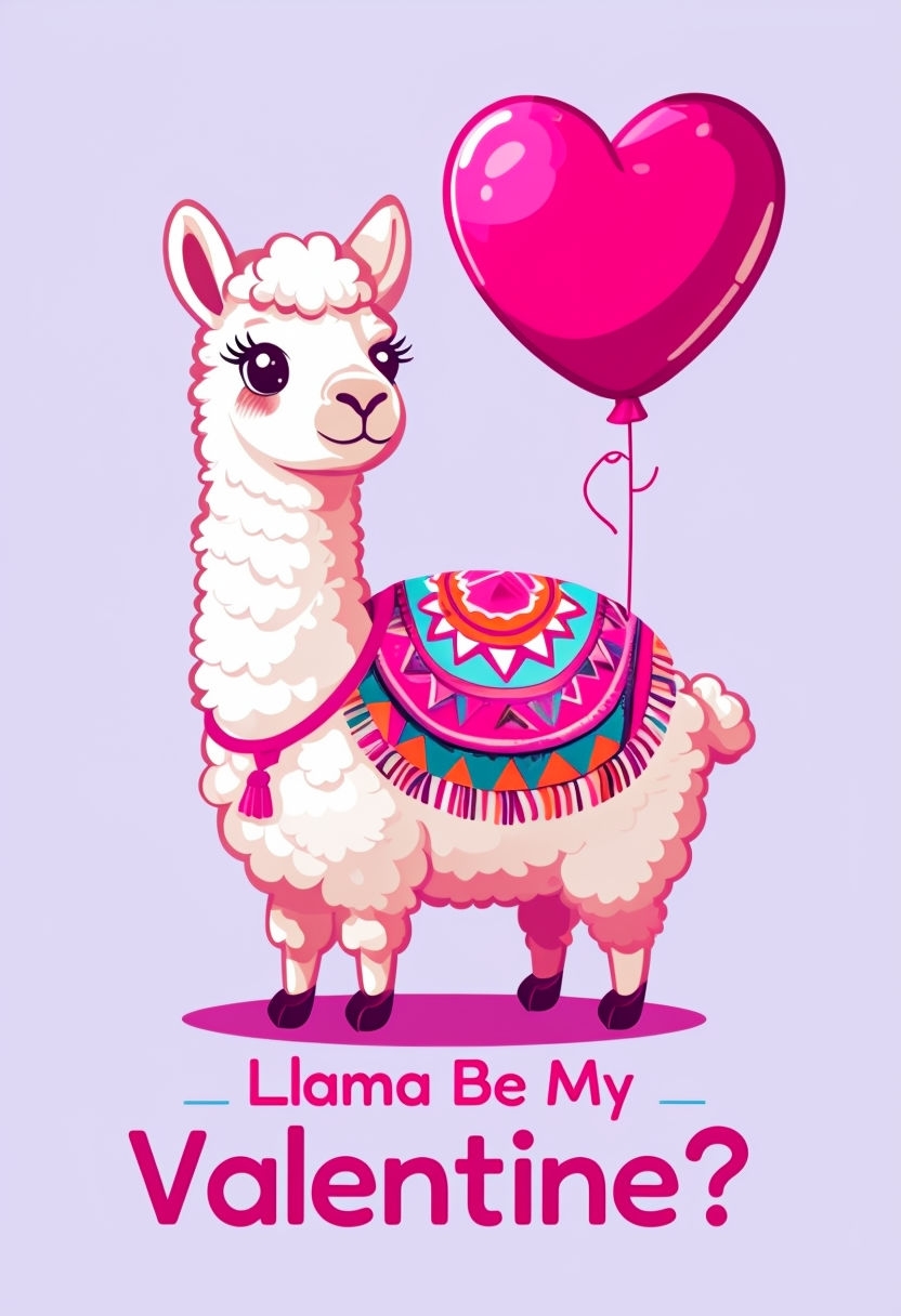 Cute Cartoon Llama with Heart Balloon Valentine T-shirt