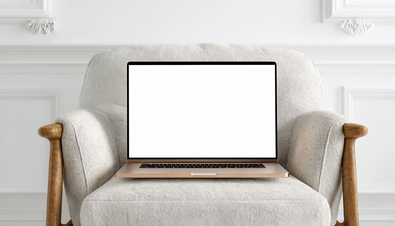 Serene Grey Armchair with Laptop Home Office Mockup