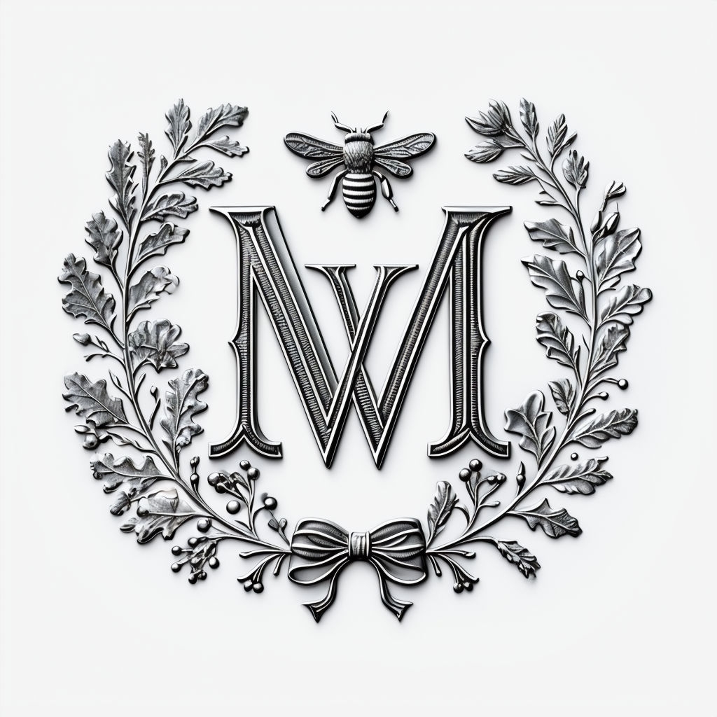 Elegant Silver Embossed MW Monogram with Floral Wreath Design Monogram