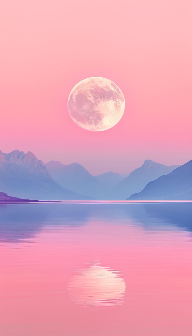 Serene Pink Moonlit Landscape Over Tranquil Water Mobile Wallpaper