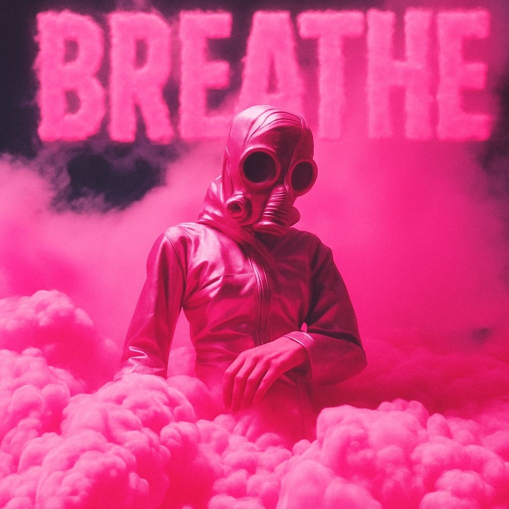 Surreal Pink Gas Mask Figure in Foggy Clouds Artwork for Spotify Album Cover
