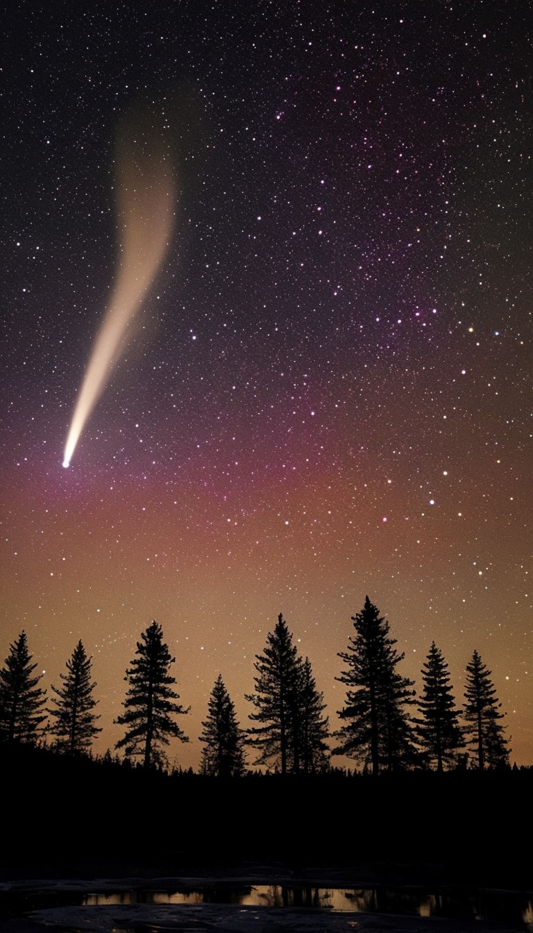 Majestic Night Sky with Comet and Forest Silhouettes Mobile Wallpaper