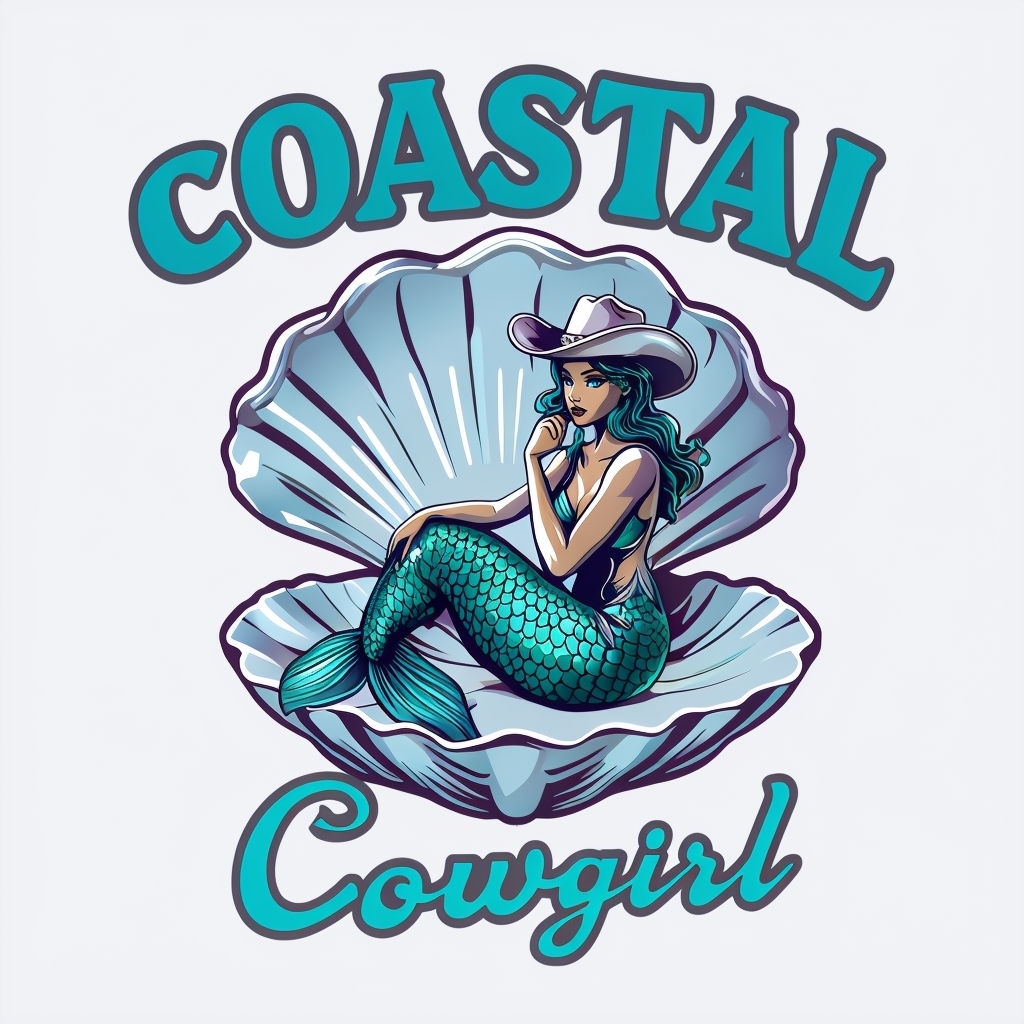 Whimsical Mermaid in Clamshell with Coastal Cowgirl Theme T-shirt