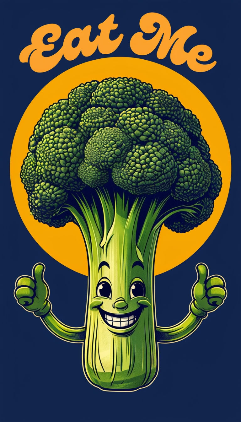 Cheerful Vintage Broccoli Character with 'Eat Me' Text Art Poster