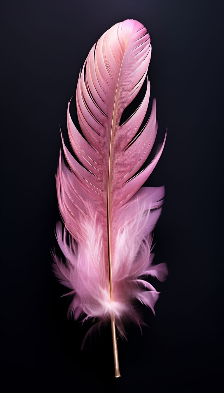 Elegant Pink Feather with Golden Shaft on Black Background Wallpaper