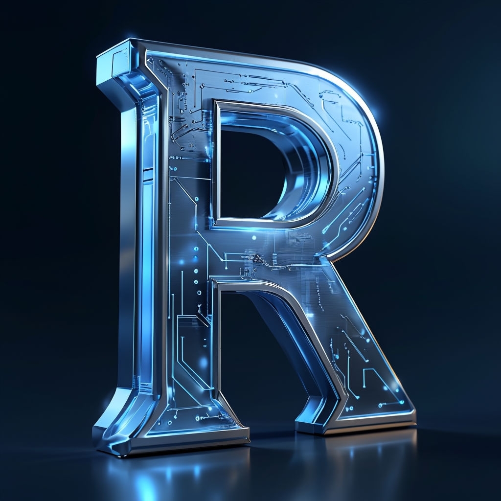 Futuristic Metallic Letter R with Glowing Circuit Patterns Monogram