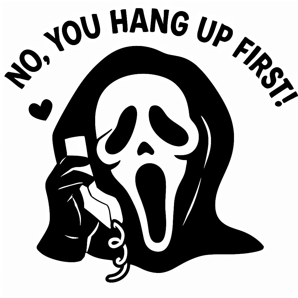 Ghostface Mask Illustration with Playful Phone Quote Sticker