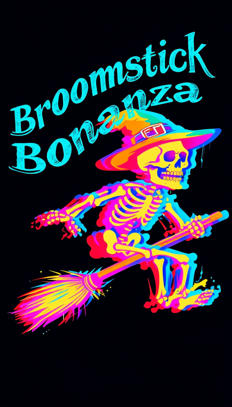 Vibrant Spooky Skeleton Broomstick Bonanza Art for Halloween Poster