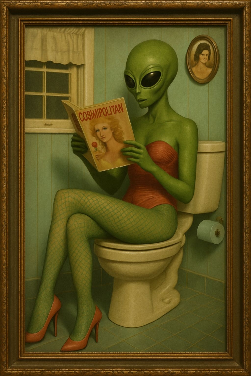 Surreal Alien in Vintage Bathroom Holding Cosmopolitan Magazine Art