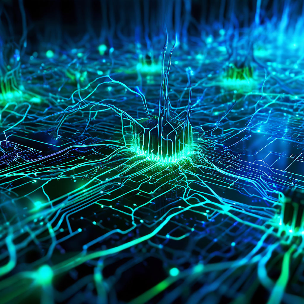 A neural network visualized as a complex web of glowing conn... by ...