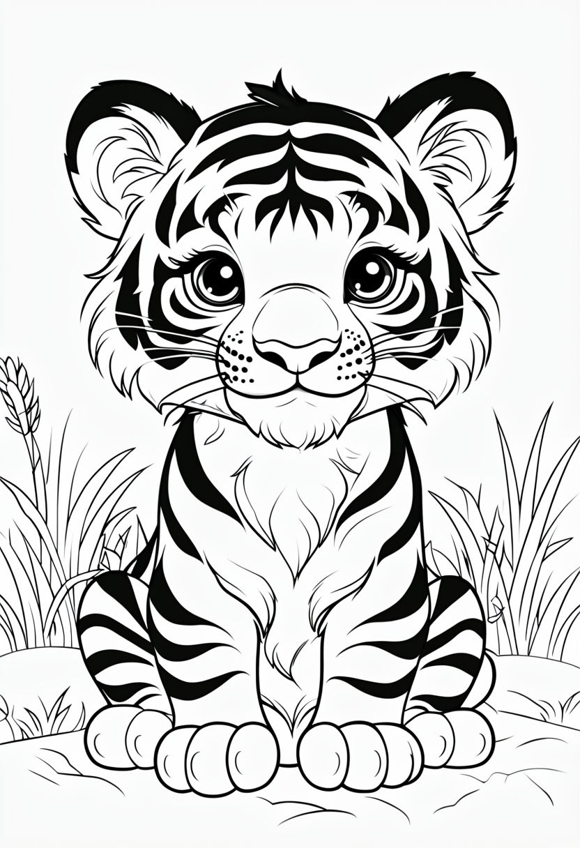 Cute Cartoon Tiger Cub Coloring Page for Kids