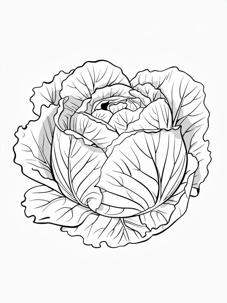 Intricate Black and White Cabbage Line Drawing Coloring Page