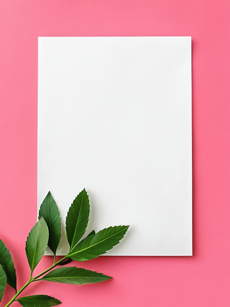 Minimalist White Paper and Green Leaves on Pink Background Social Media Post