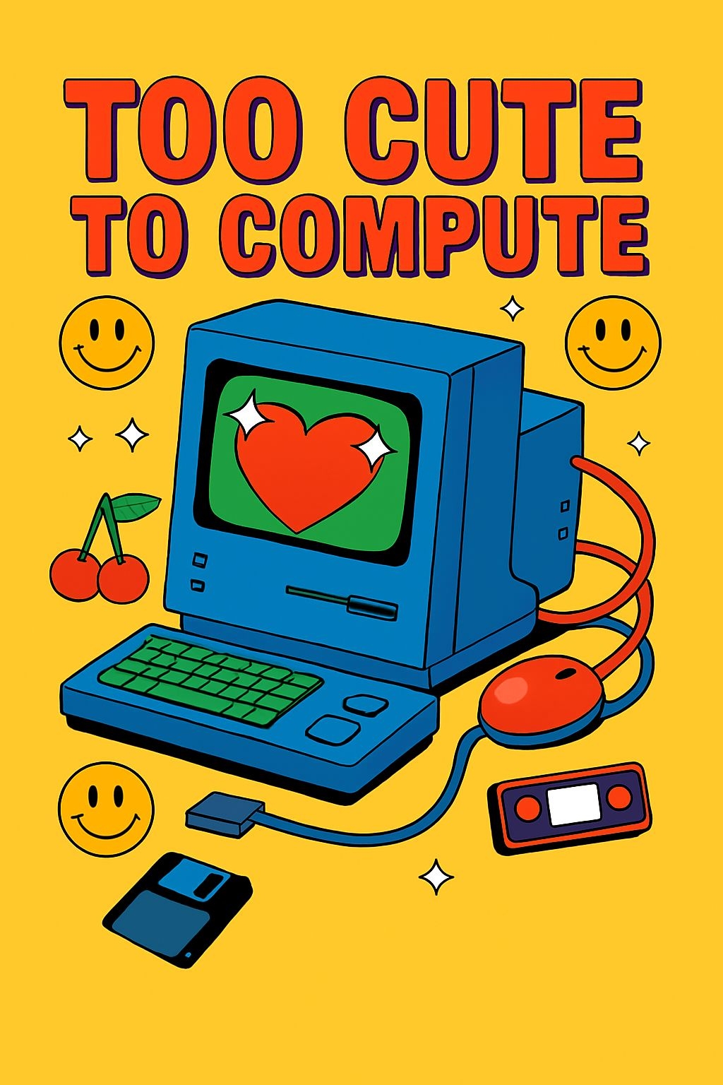 Too Cute to Compute Retro Cartoon Computer T-Shirt