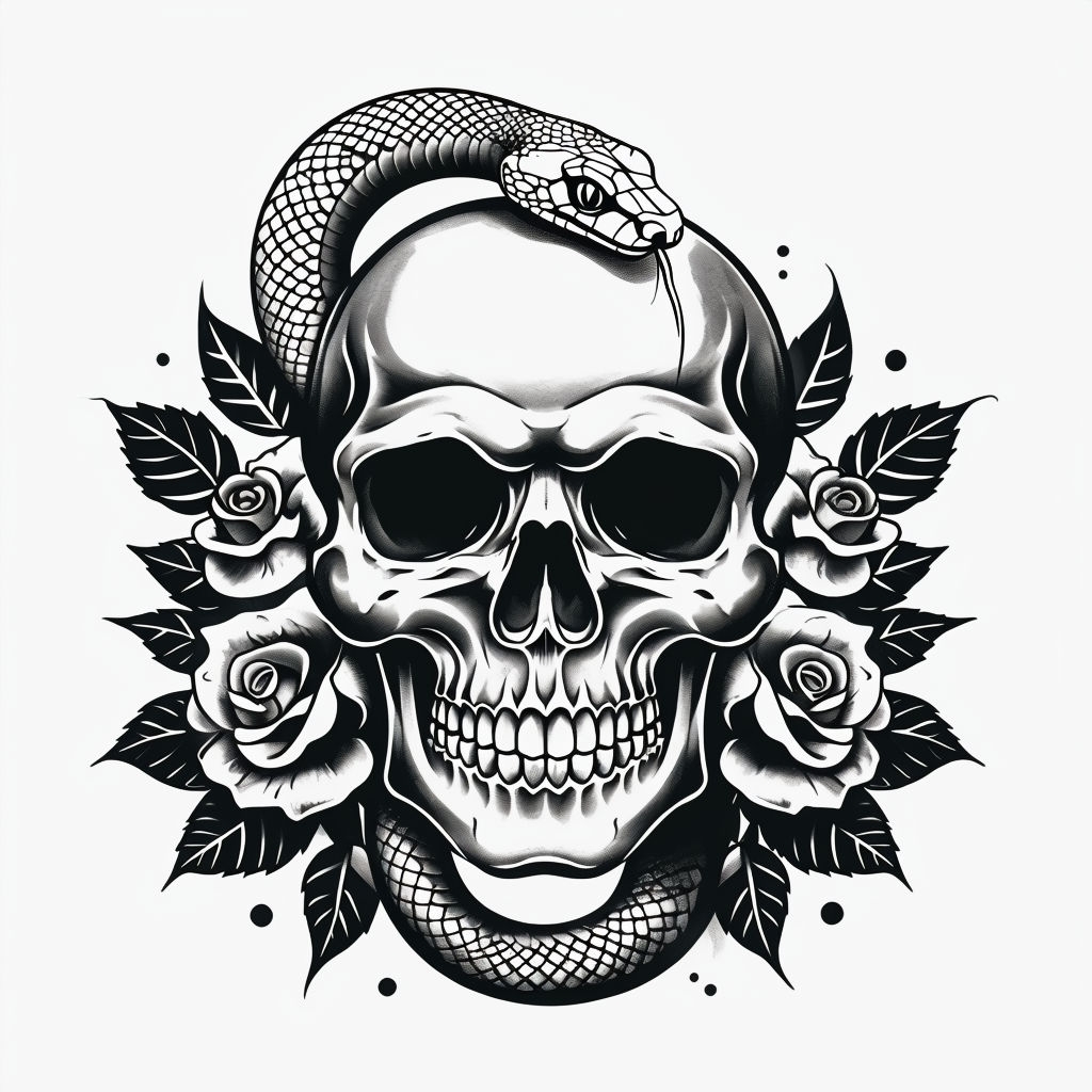 Intricate Black and White Skull Tattoo with Snake and Roses Art