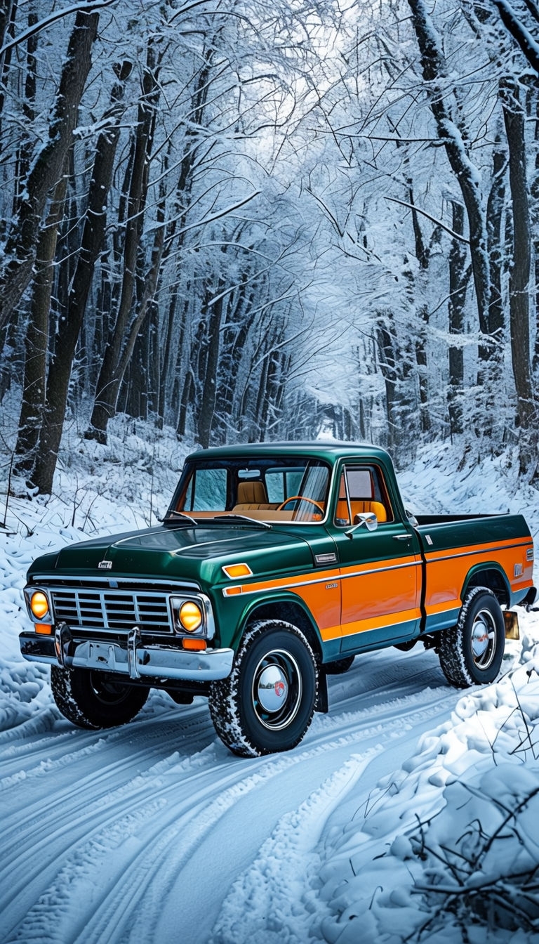 Vintage Pickup Truck in Snowy Forest Landscape Mobile Wallpaper