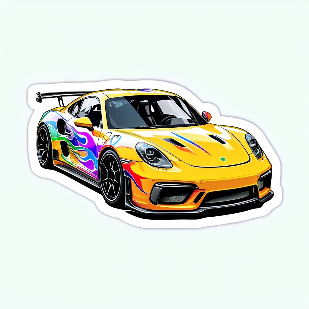 Vivid Yellow Sports Car Sticker with Flame Patterns