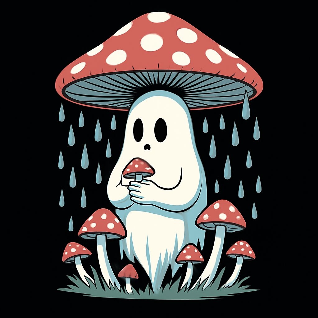 Whimsical Ghost and Mushroom Forest Cartoon T-Shirt